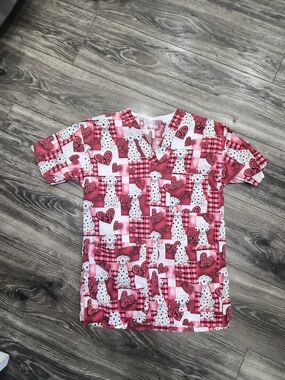 Pink and White Dog Print Scrub Top
